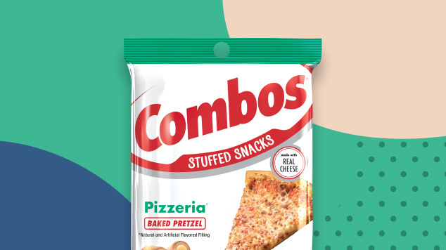 Bag of Pizzeria Baked Pretzel Combos on a blue and green patterned background