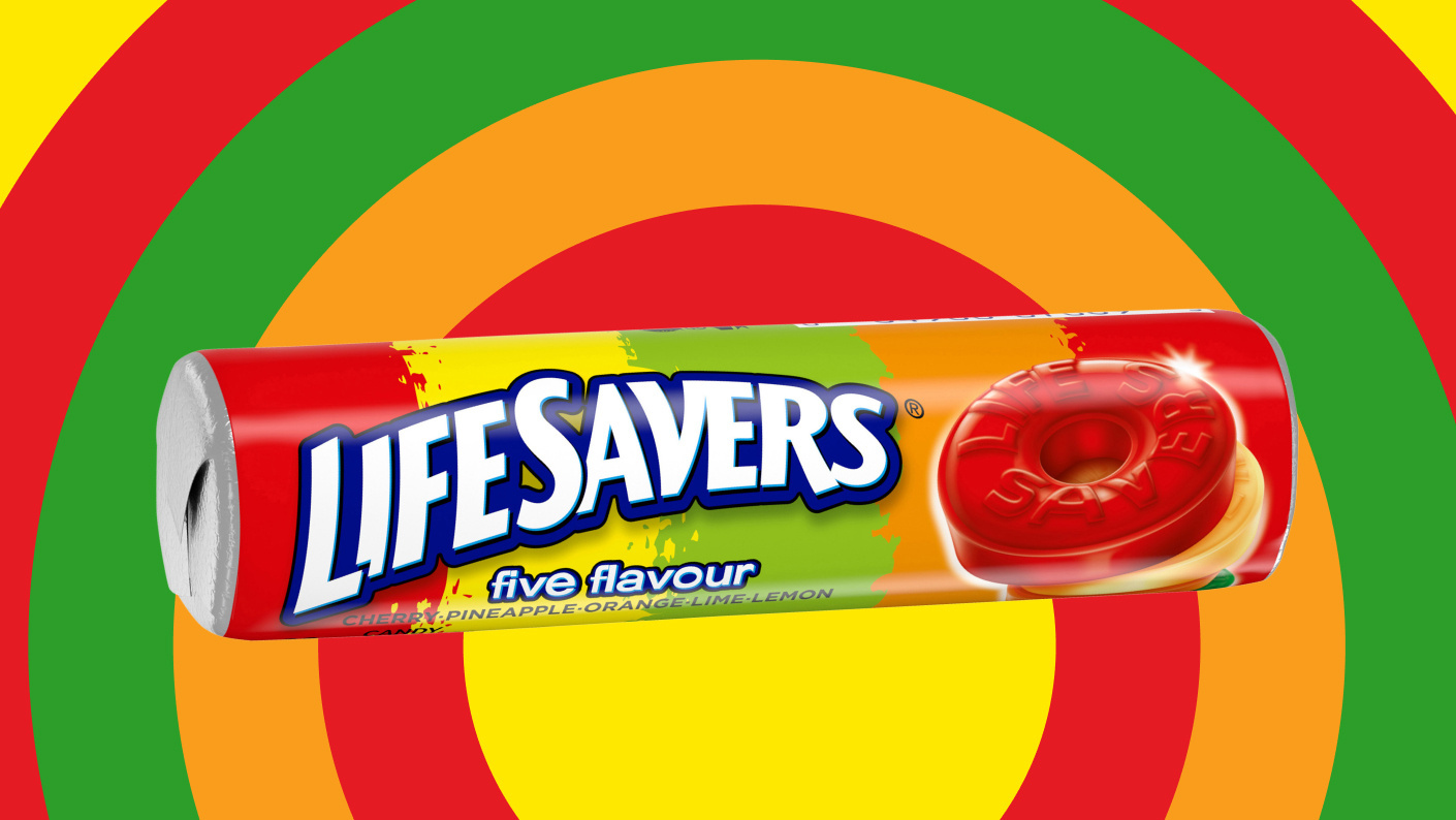 Packaged Five flavor Life Savers roll on colorful background