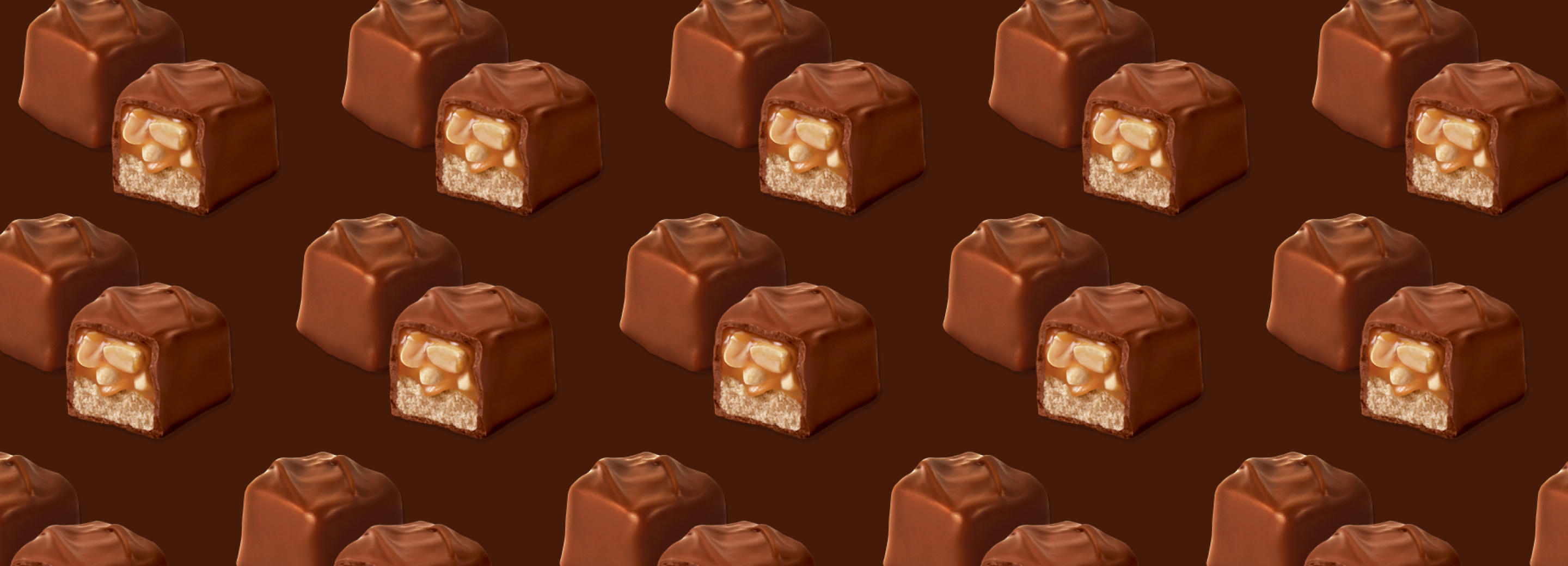 Pattern of mini snickers bars over a brown background