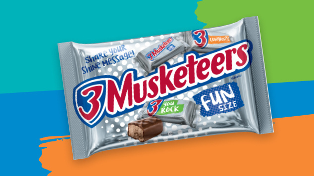 Packaged 3 Musketeers original chocolate single bar on colorful background