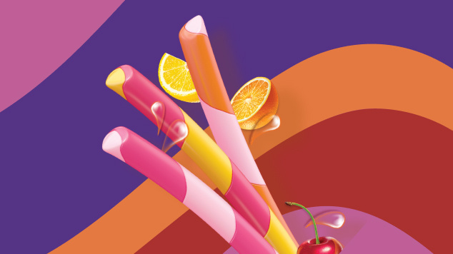 The three starburst swirlers flavors with lemon, orange and cherry icons and juicy droplets 