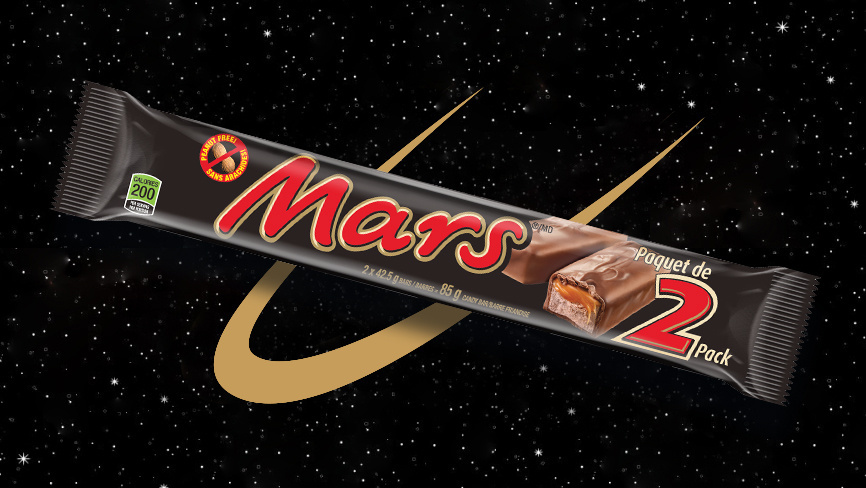 Mars 2 bar on black background with gold swoop.