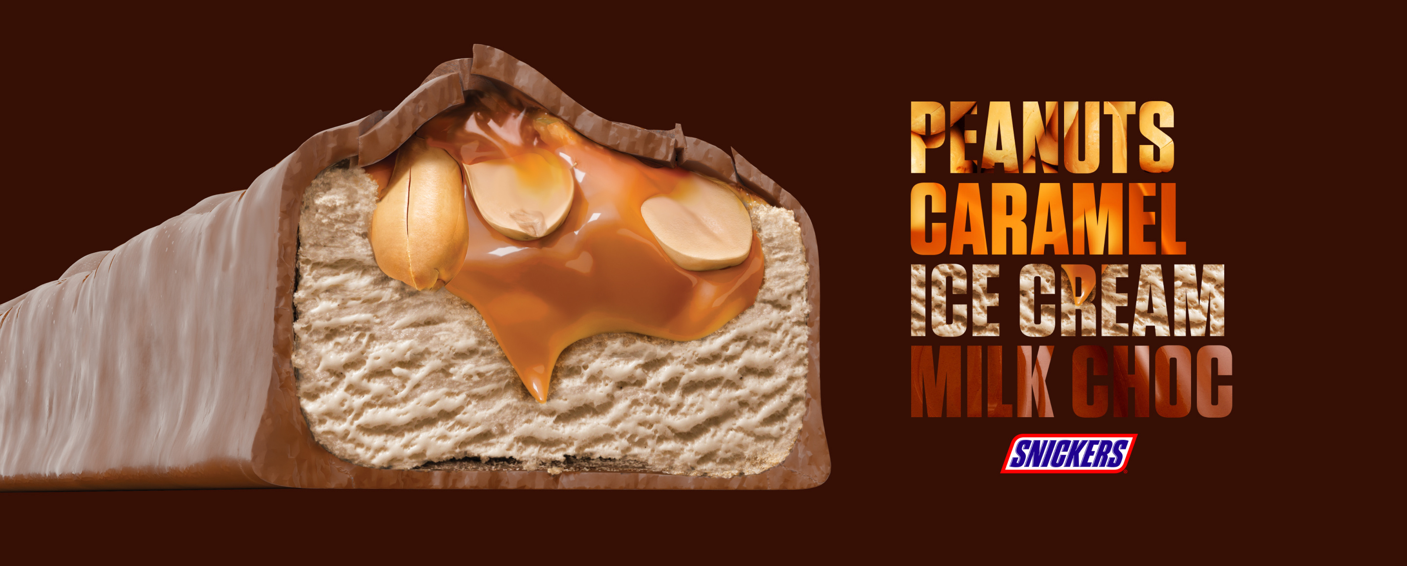Cross-section view of Snickers ice cream bar with ingredients labeled
