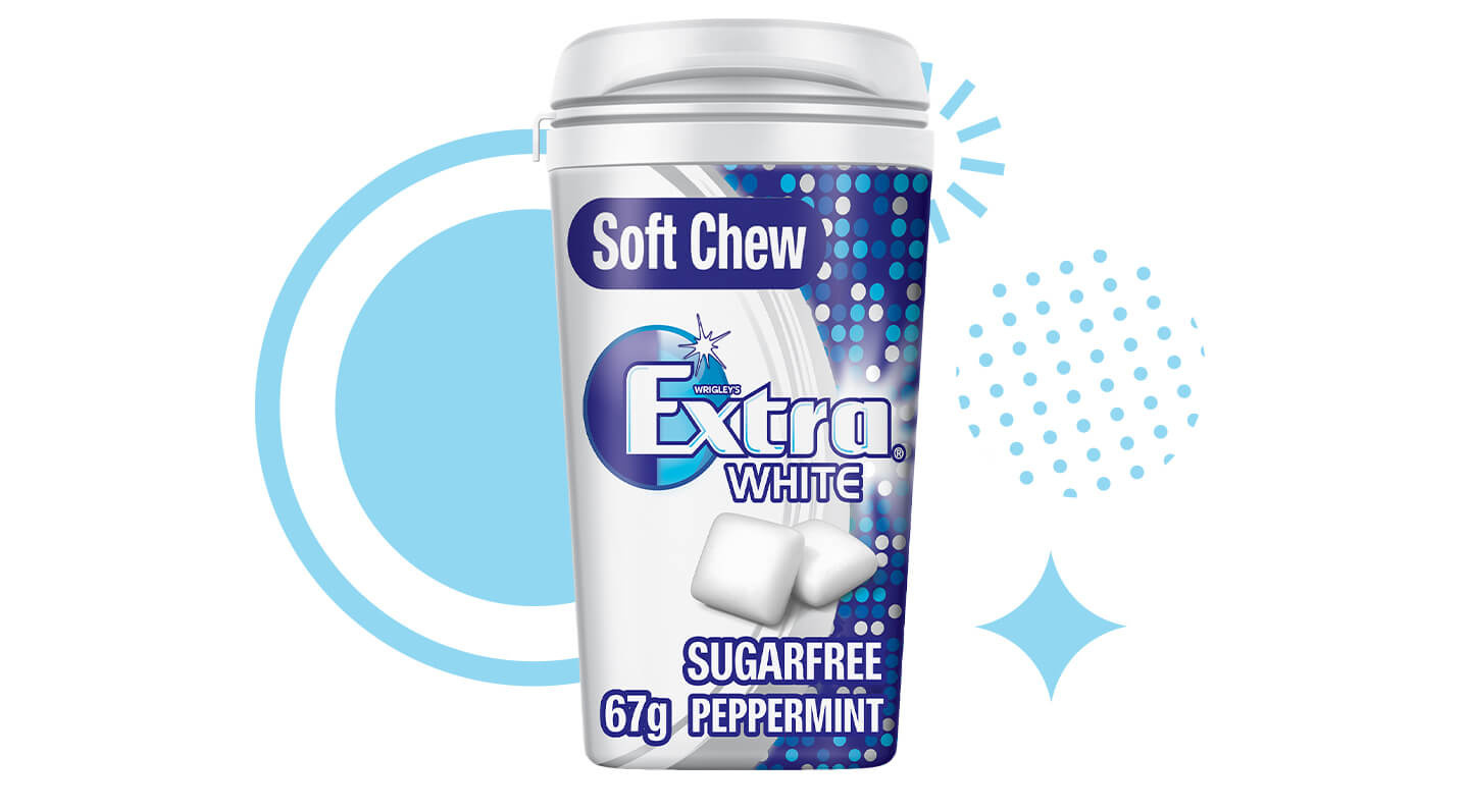 EXTRA White sugar-free soft chew peppermint package with background decorative shapes