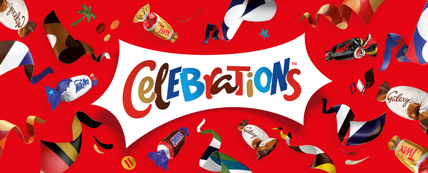 Logo CELEBRATIONS sur fond rouge avec bonbons et confettis 