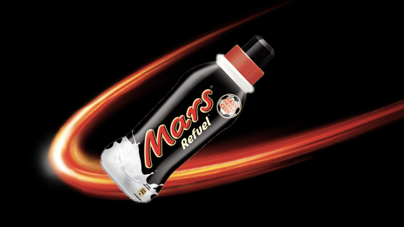 Mars bottle drink, Refuel, in front of celestial background