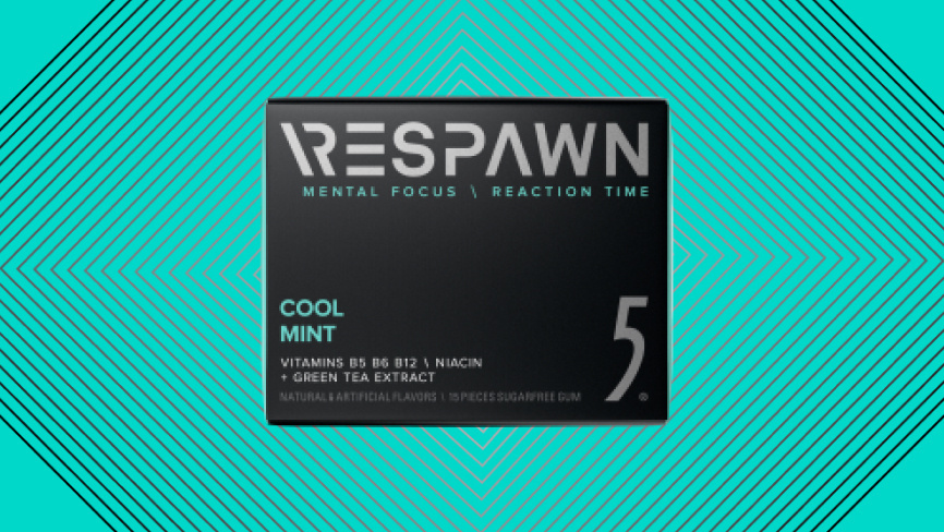 Pack of Respawn 5Gum Cool Mint gum on teal background