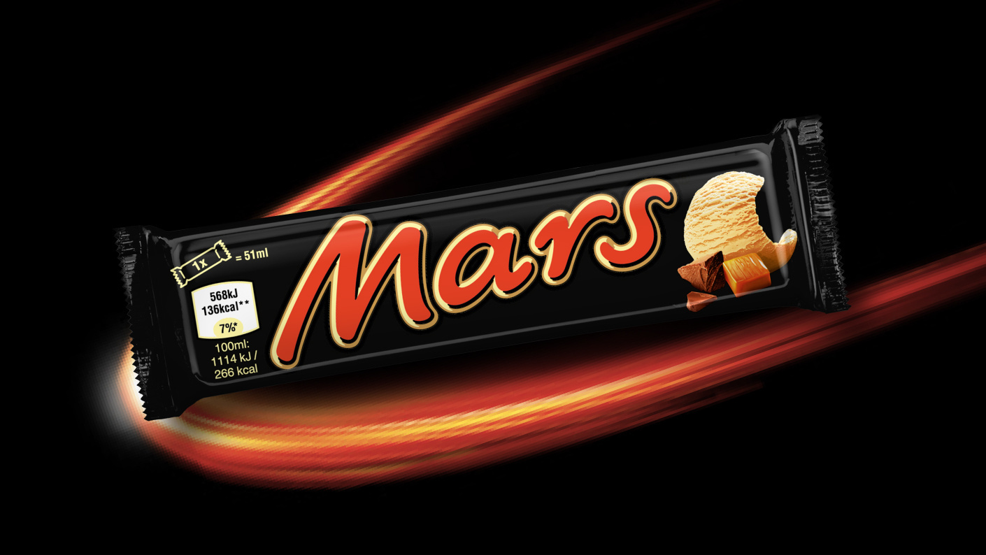 Packaged Mars ice cream bar in front of celestial background