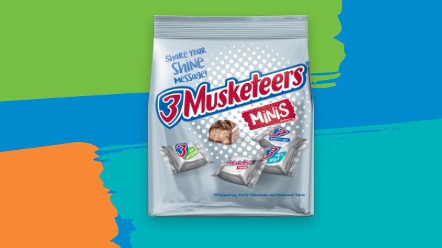 Packaged 3 Musketeers mini choclate bars on colorful background