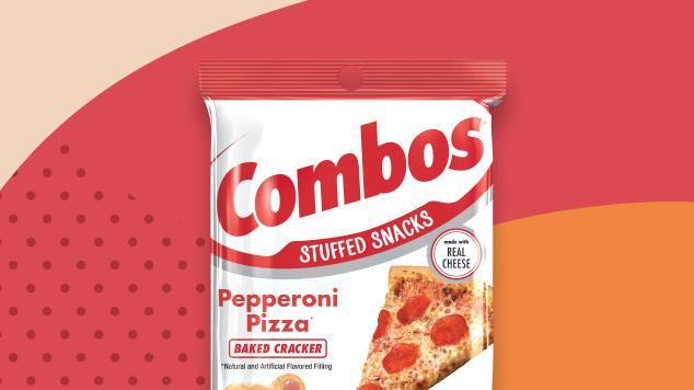 Bag of Pepperoni Pizza Baked Cracker Combos on a red and orange patterned background