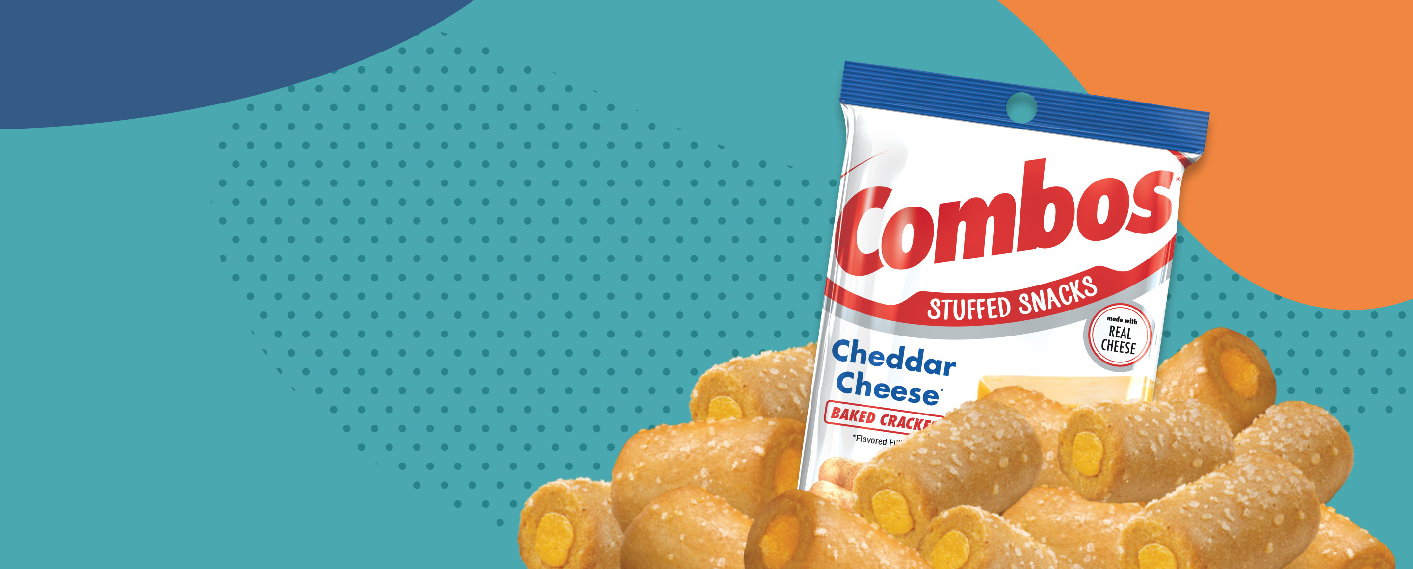 Bag of Cheddar Cheese Combos on top of Combos on a blue dotted background