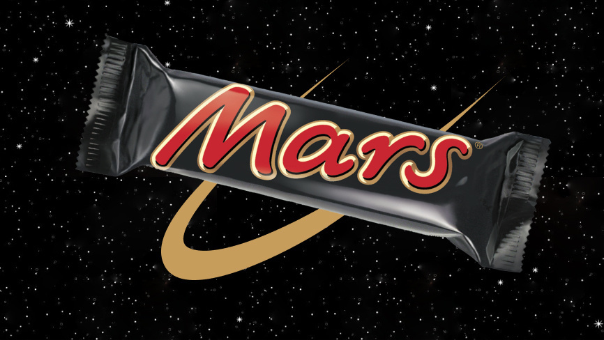 Packaged original Mars bar in front of an illustration of space and stars