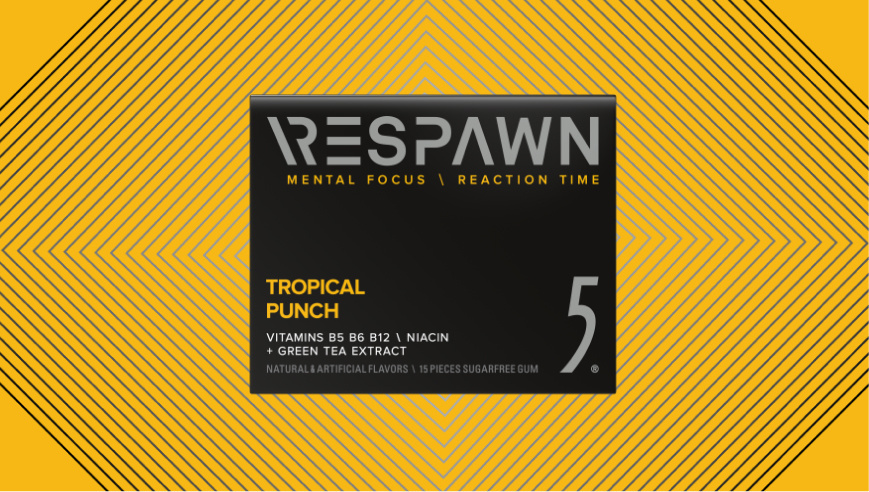 Pack of Respawn 5Gum Tropical Punch gum on yellow background
