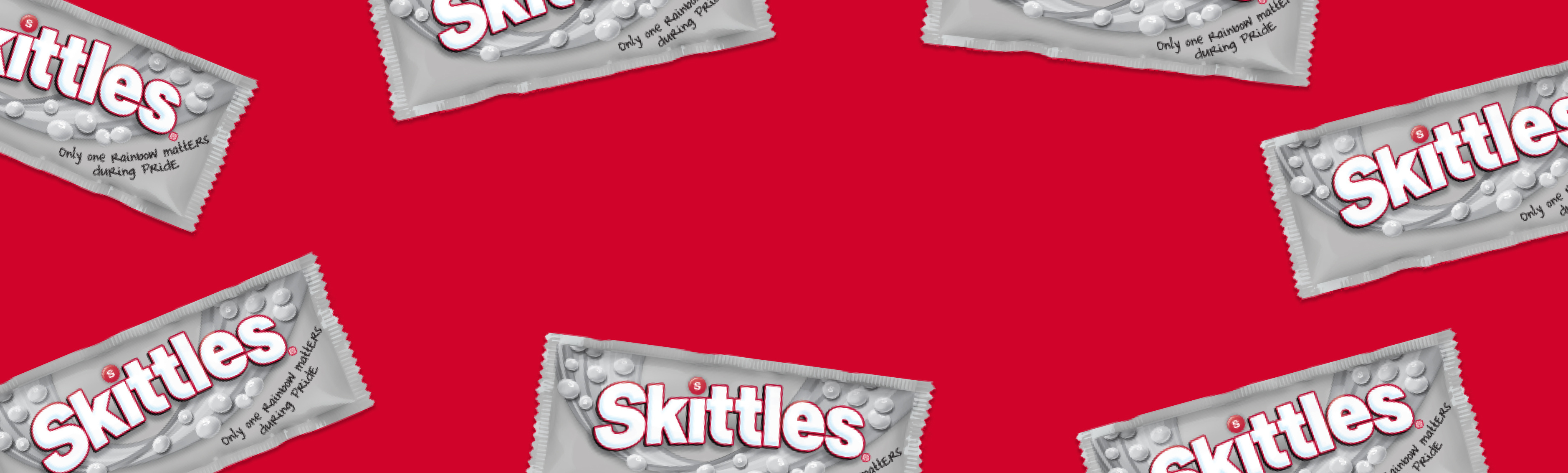 Skittles pride packs with red background
