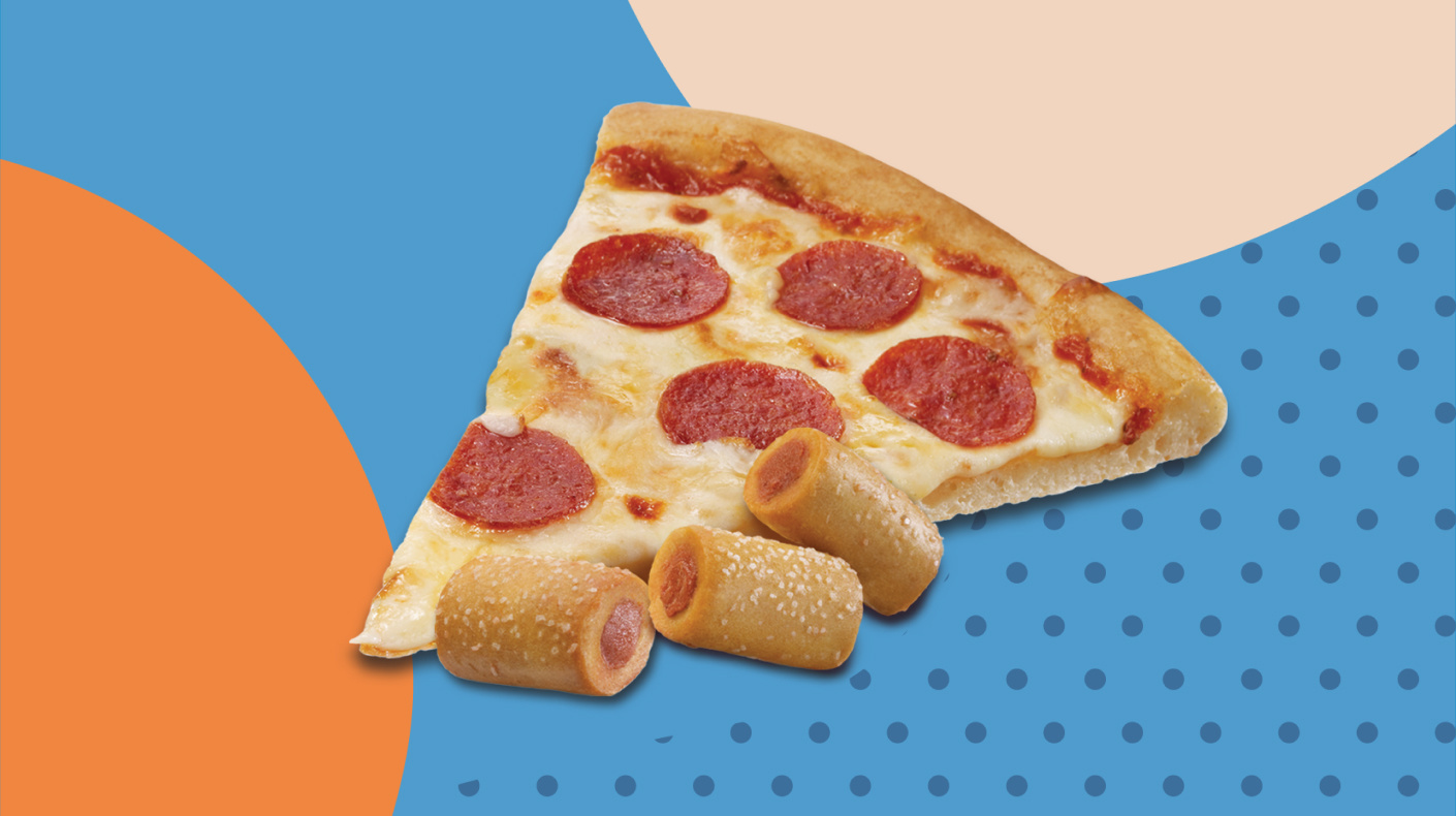 Slice of pepperoni pizza with Combos next to it on an orange and blue patterned background