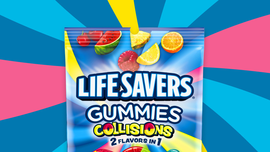 Packaged Life Savers collisions gummies in front of colored pattern