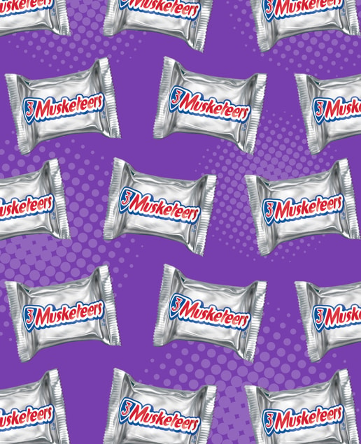 Packaged mini 3 Musketeers bars across patterned purple background