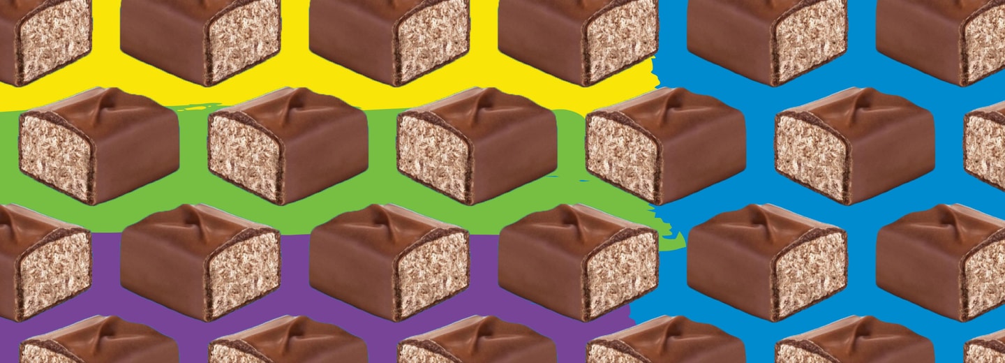 Pattern of cross-section view of 3 musketeers mini bars across colorful background