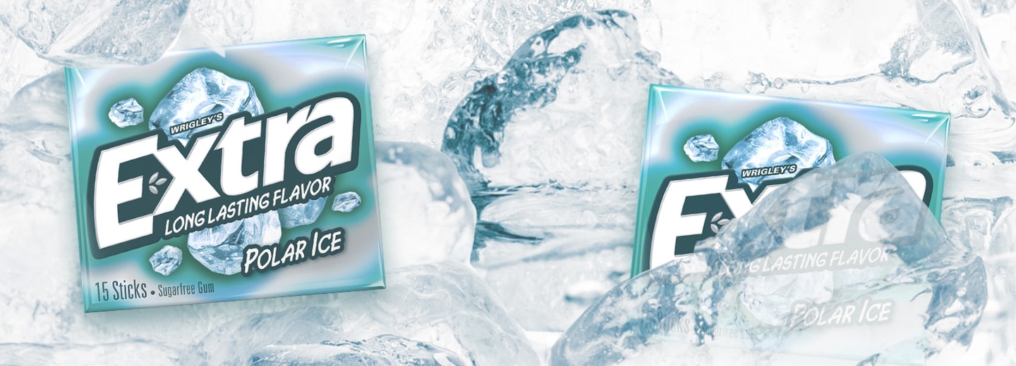 Two packs of Extra Polar Ice 15-Stick pack on blocks of ice
