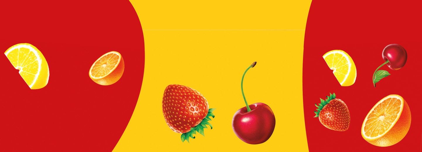 Illustrations of lemons, strawberries, oranges and cherries on a yellow and red background