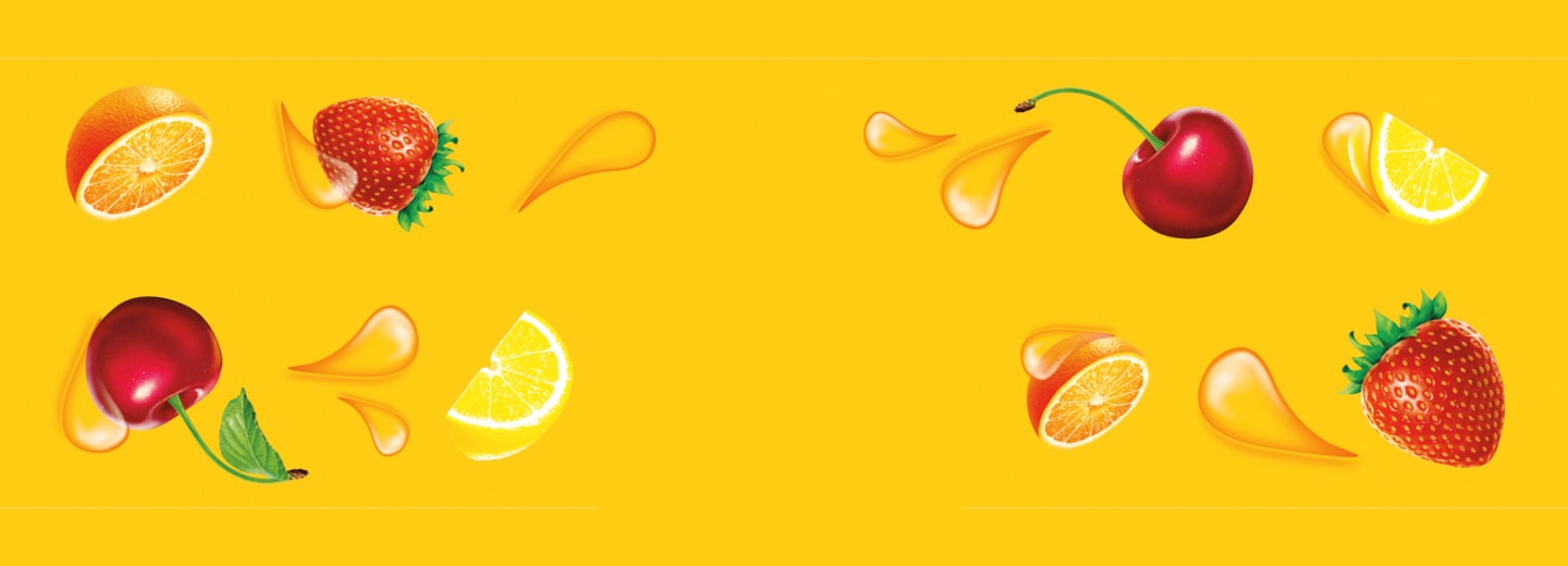 Illustrations of lemons, strawberries, oranges and cherries on a yellow background