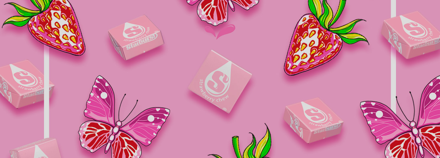 A collage of pink Starburst chews individually wrapped on a pink background with illustrations of strawberries and butterflies 