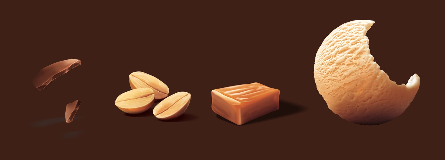 Chocolate, peanuts, caramel, and ice cream on brown background