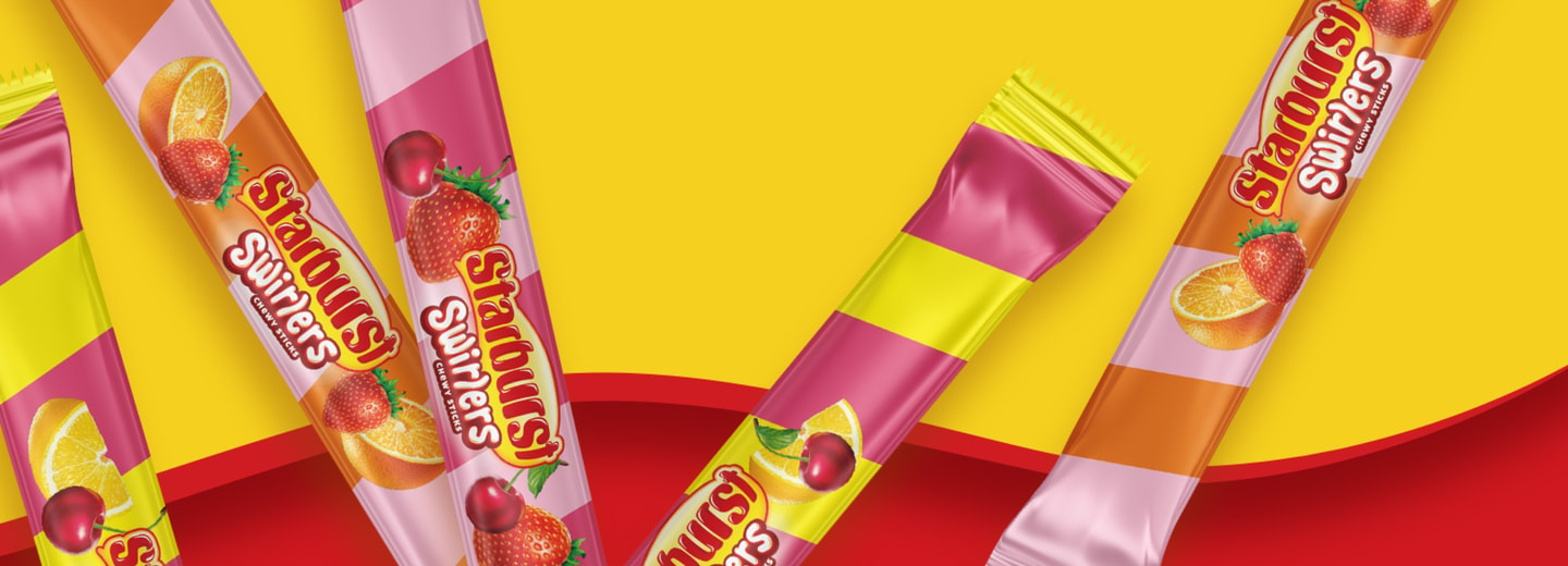 Close up shot of four Starburst Swirlers individually wrapped 