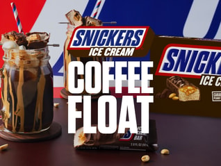Snickers ice cream coffee float with text overlay