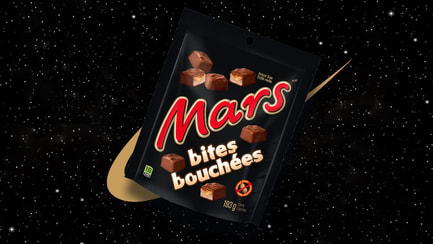 Mars bites bar on black background with gold swoop