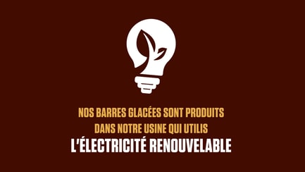 Illustration d'une ampoule avec plante et déclaration Nos Barres Glacees Sont Produits Dans Notre Usine Qui Utilis L'Electricite Renouvelable